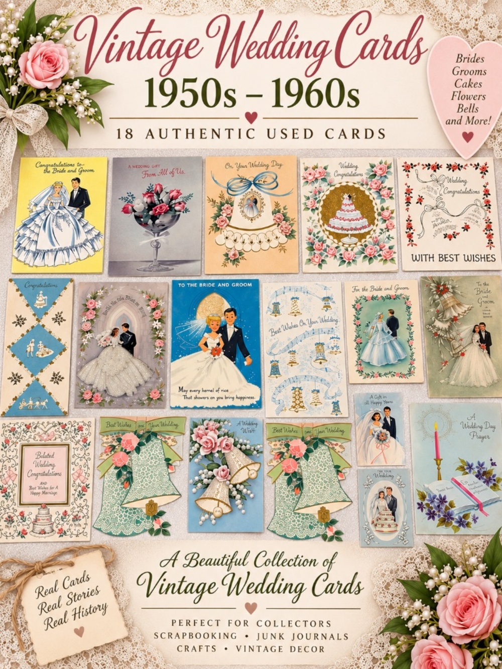 💍 Vintage 1950s–1960s Used Wedding Card Ephemera Lot 16 Pieces